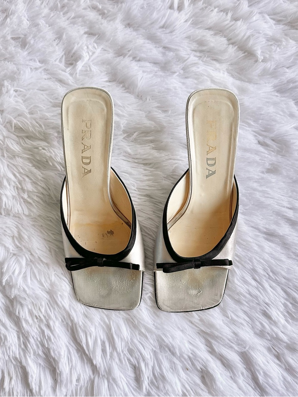 Vintage Prada silk bow open toe kitten heels